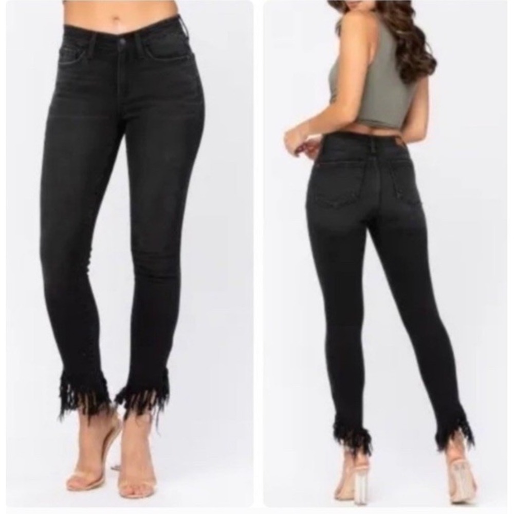 Judy Blue Jeans Frayed Fringe Hem Skinny Black Fit JB82197BK Size 15/32